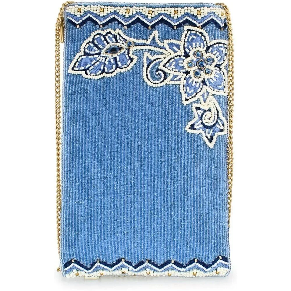 Beaded Floral Crossbody Cell Phone Bag Clutch Vegan Friendly Ivory Blue
